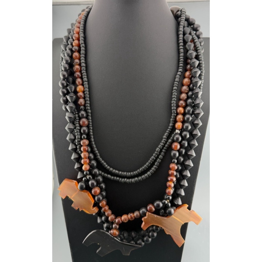 Vintage Animal Fetish Necklace Multi Strand Resin Beads Safari Boho 24"